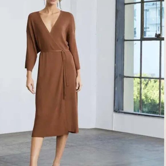Evelane Ribbed Wrap Midi Dress Brown M - Picture 1 of 16